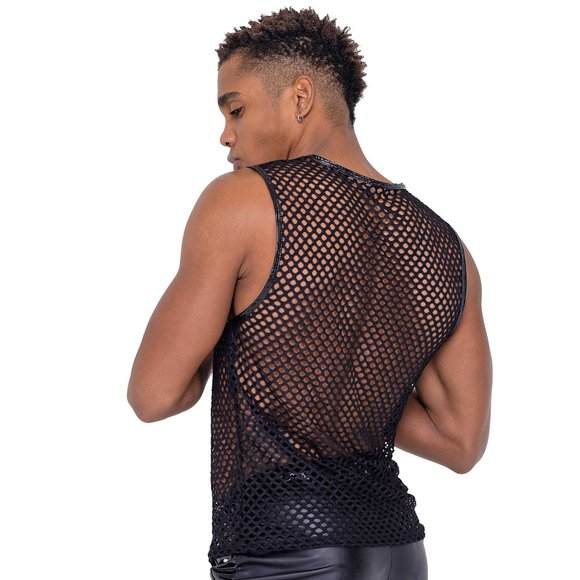 Studded Fishnet Tank Top with Vinyl Trim - Picture 2 of 5